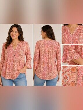 🌸🧡 Kate Park Boho Patchwork Print Tunic Blouse Size L